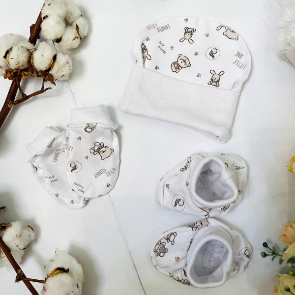 Комплект из 3 предметов для новорожденного (шапочка, пинетки, рукавички) Bebika, натуральный хлопок, 0-3 мес. (20/19-0)